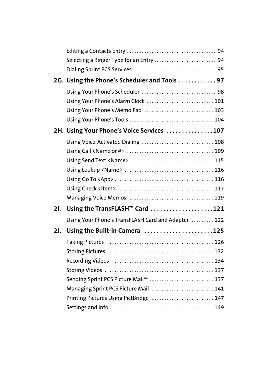 2g. using the phone’s scheduler and tools 97, 2h. using your phone’s voice services 107, 2i. using the transflash™ card 121 | 2j. using the built-in camera 125 | Samsung A920 User Manual | Page 5 / 272