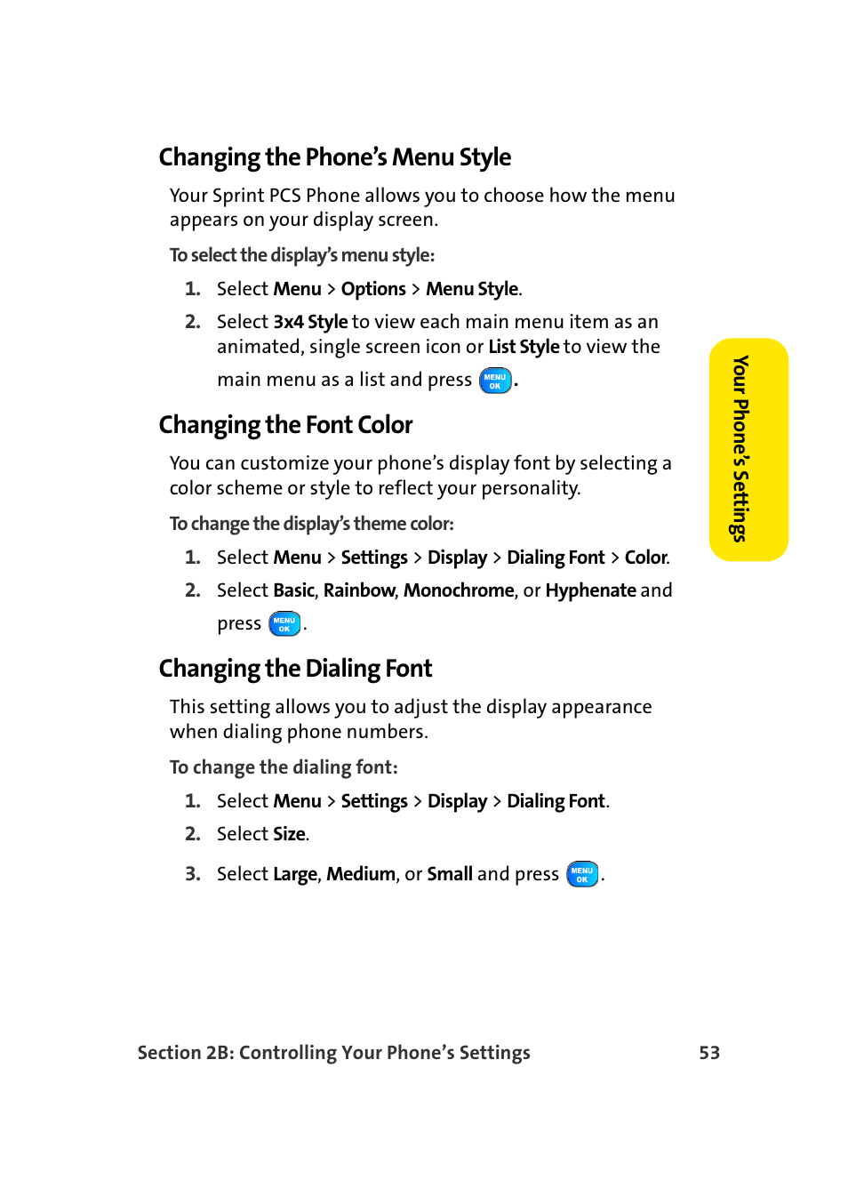 Changing the phone’s menu style, Changing the font color, Changing the dialing font | Samsung A920 User Manual | Page 77 / 272