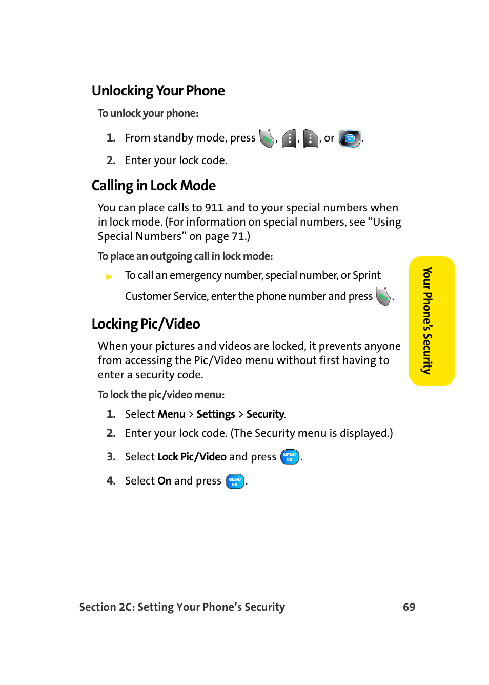 Unlocking your phone, Calling in lock mode, Locking pic/video | Samsung A920 User Manual | Page 93 / 272