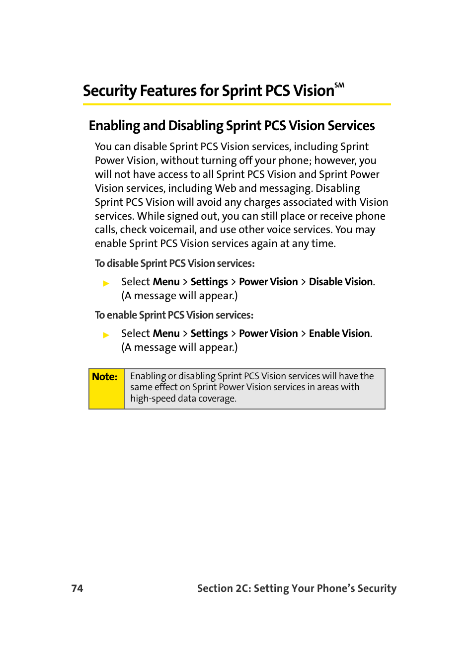 Security features for sprint pcs visionsm, Enabling and disabling sprint pcs vision services, Security features for sprint pcs vision | Samsung A920 User Manual | Page 98 / 272