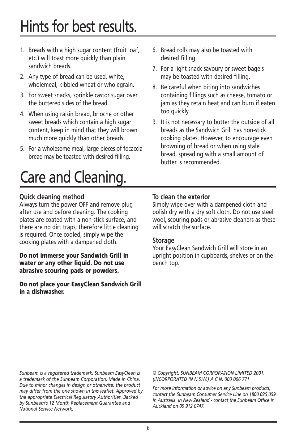 Care and cleaning. hints for best results | Sunbeam GR7200 User Manual | Page 5 / 9