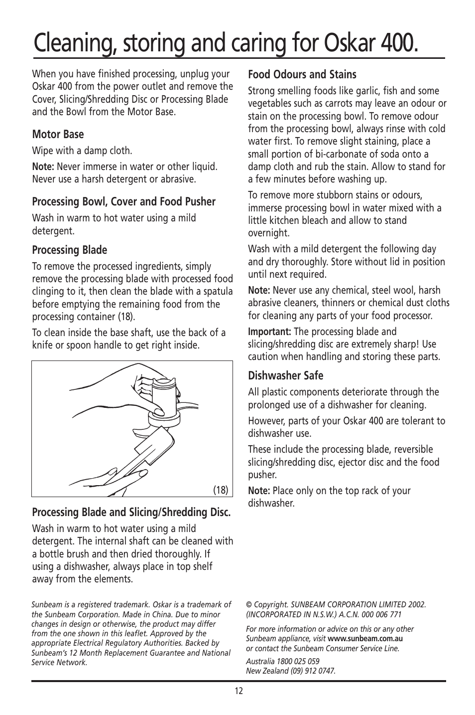 Cleaning, storing and caring for oskar 400 | Sunbeam 400 User Manual | Page 12 / 19