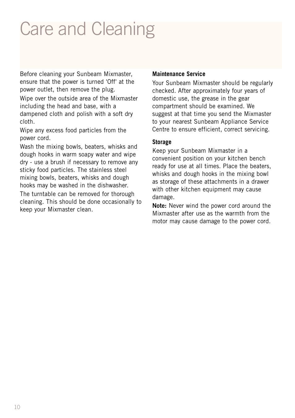 Care and cleaning | Sunbeam MX8800 User Manual | Page 12 / 39