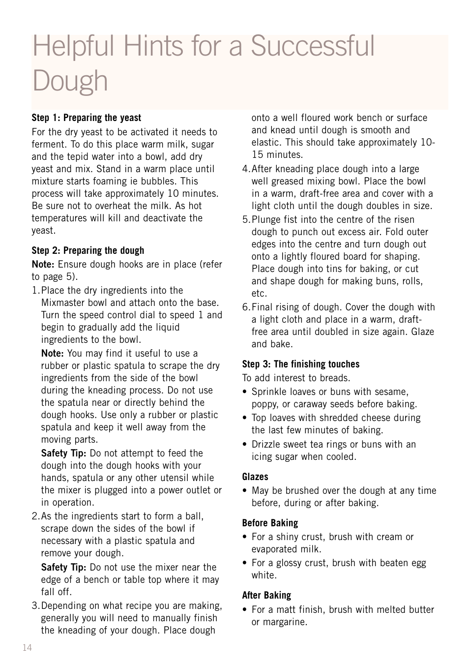 Helpful hints for a successful dough | Sunbeam MX8800 User Manual | Page 16 / 39