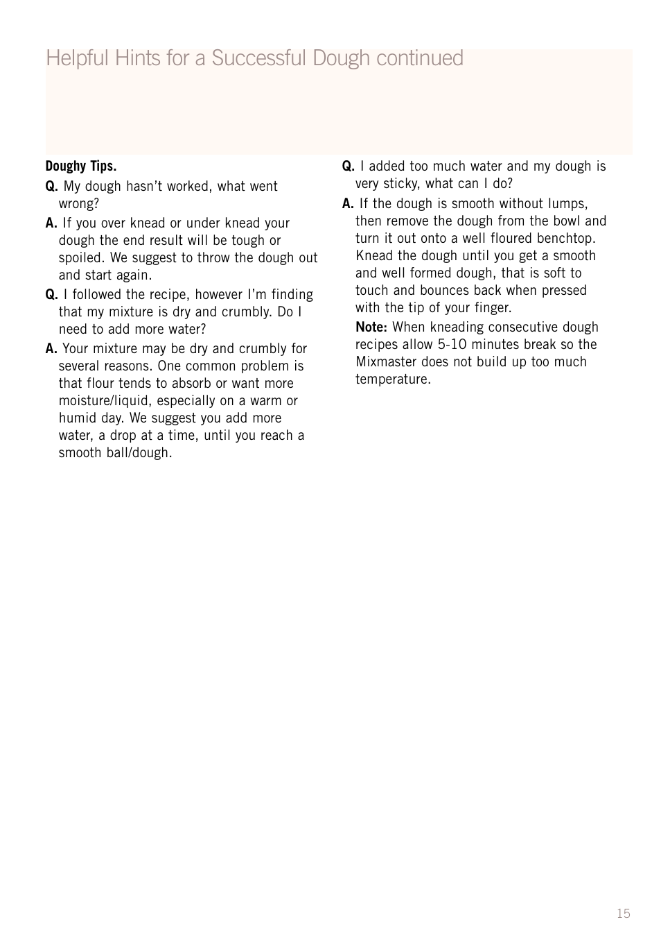 Helpful hints for a successful dough continued | Sunbeam MX8800 User Manual | Page 17 / 39