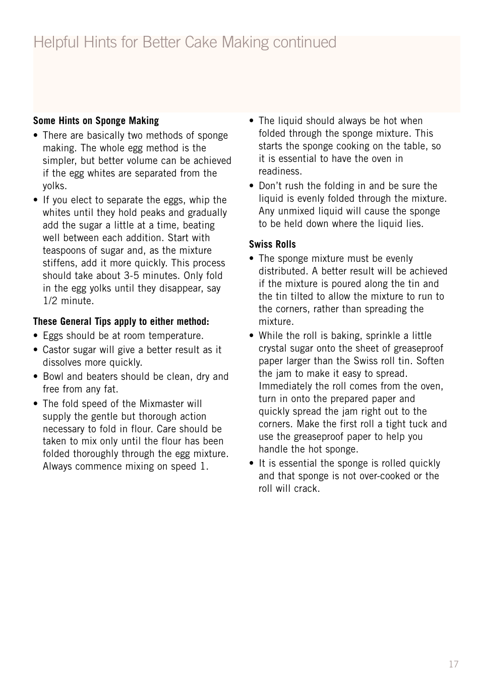 Helpful hints for better cake making continued | Sunbeam MX8800 User Manual | Page 19 / 39