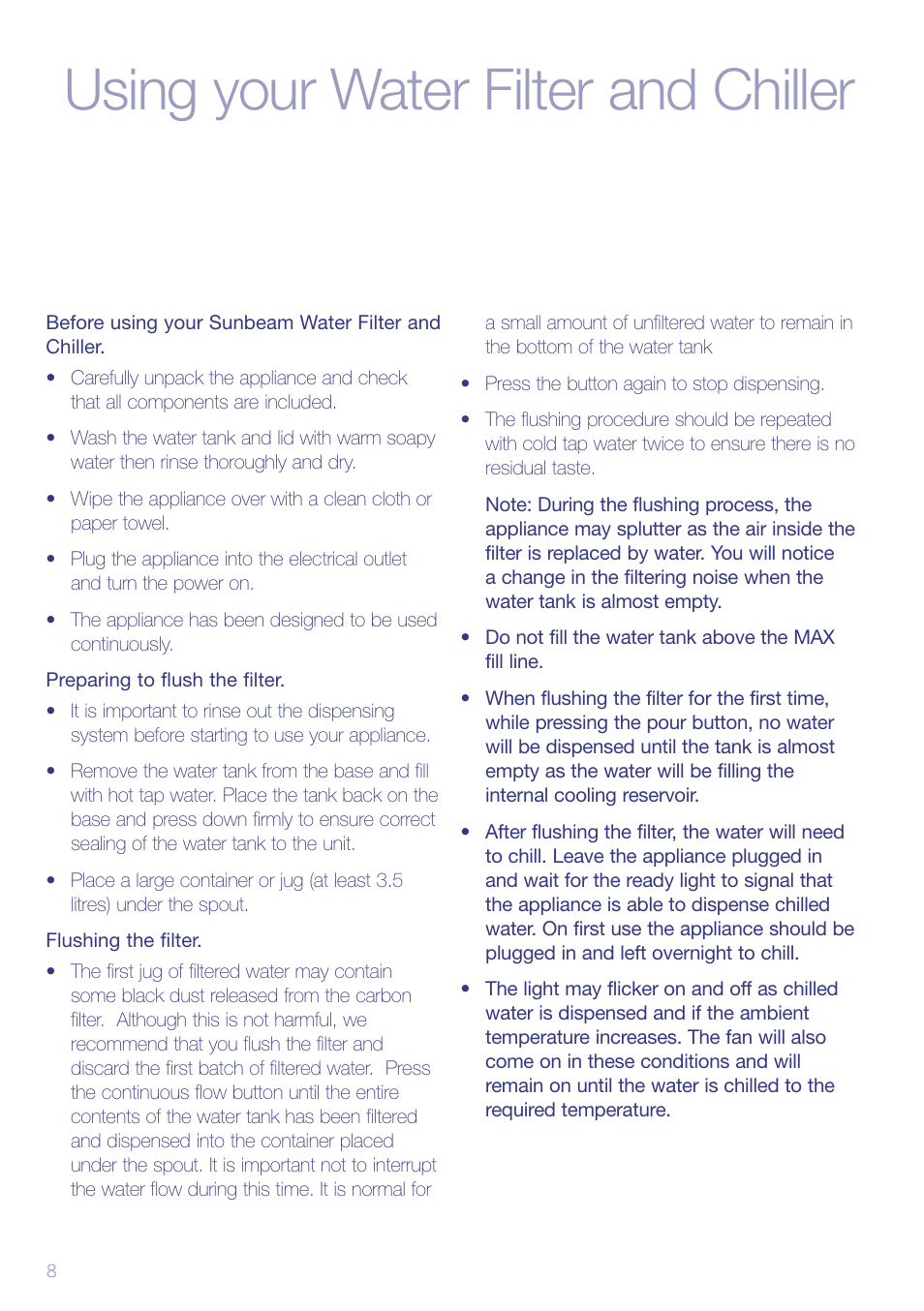 Using your water filter and chiller | Sunbeam WF6500 User Manual | Page 10 / 16