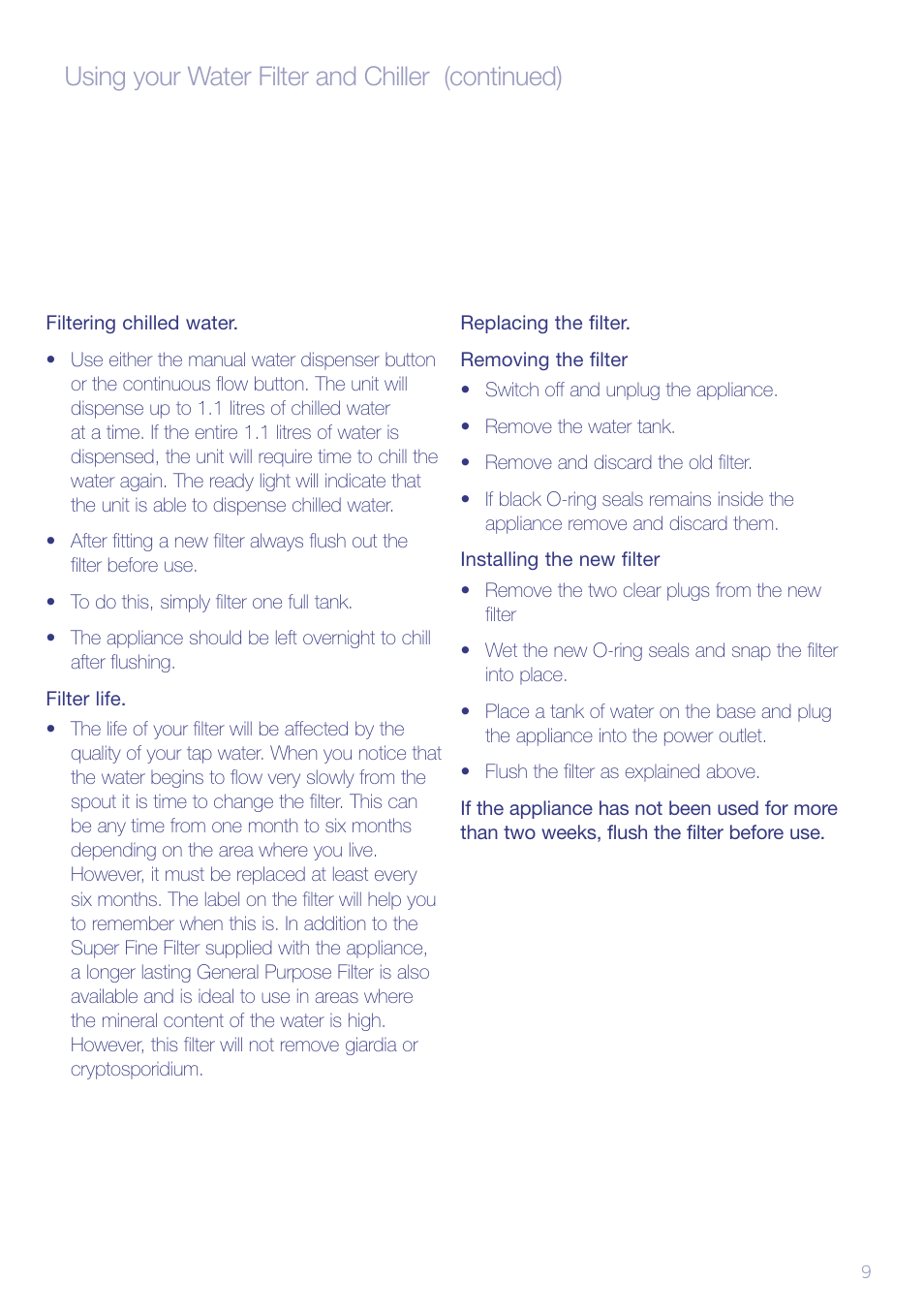 Using your water filter and chiller (continued) | Sunbeam WF6500 User Manual | Page 11 / 16
