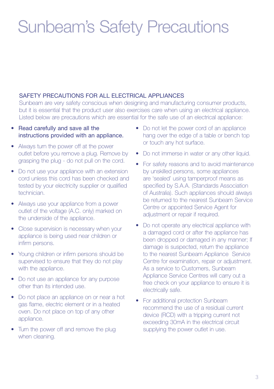 Sunbeam’s safety precautions | Sunbeam WF6500 User Manual | Page 5 / 16