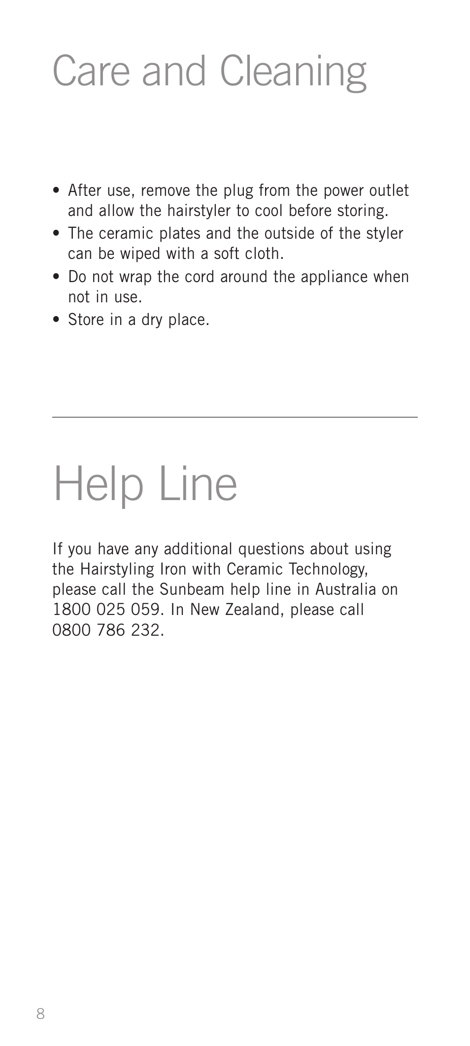 Help line, Care and cleaning | Sunbeam HS9500 User Manual | Page 10 / 12