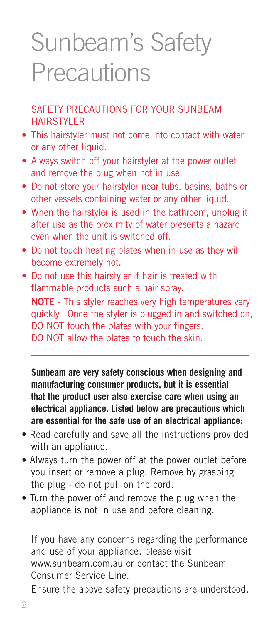 Sunbeam’s safety precautions | Sunbeam HS9500 User Manual | Page 4 / 12