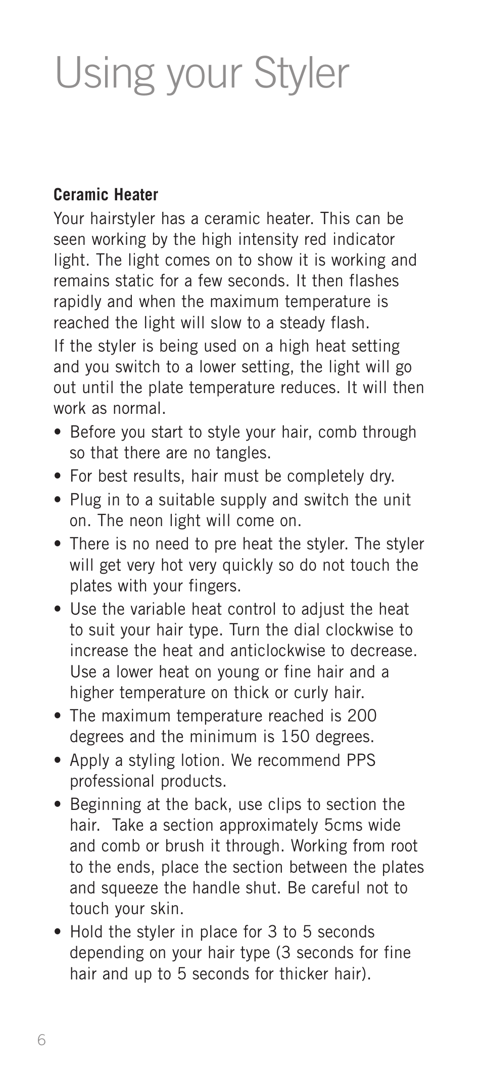 Using your hairstyling iron, Help line, Using your styler | Sunbeam HS9500 User Manual | Page 8 / 12