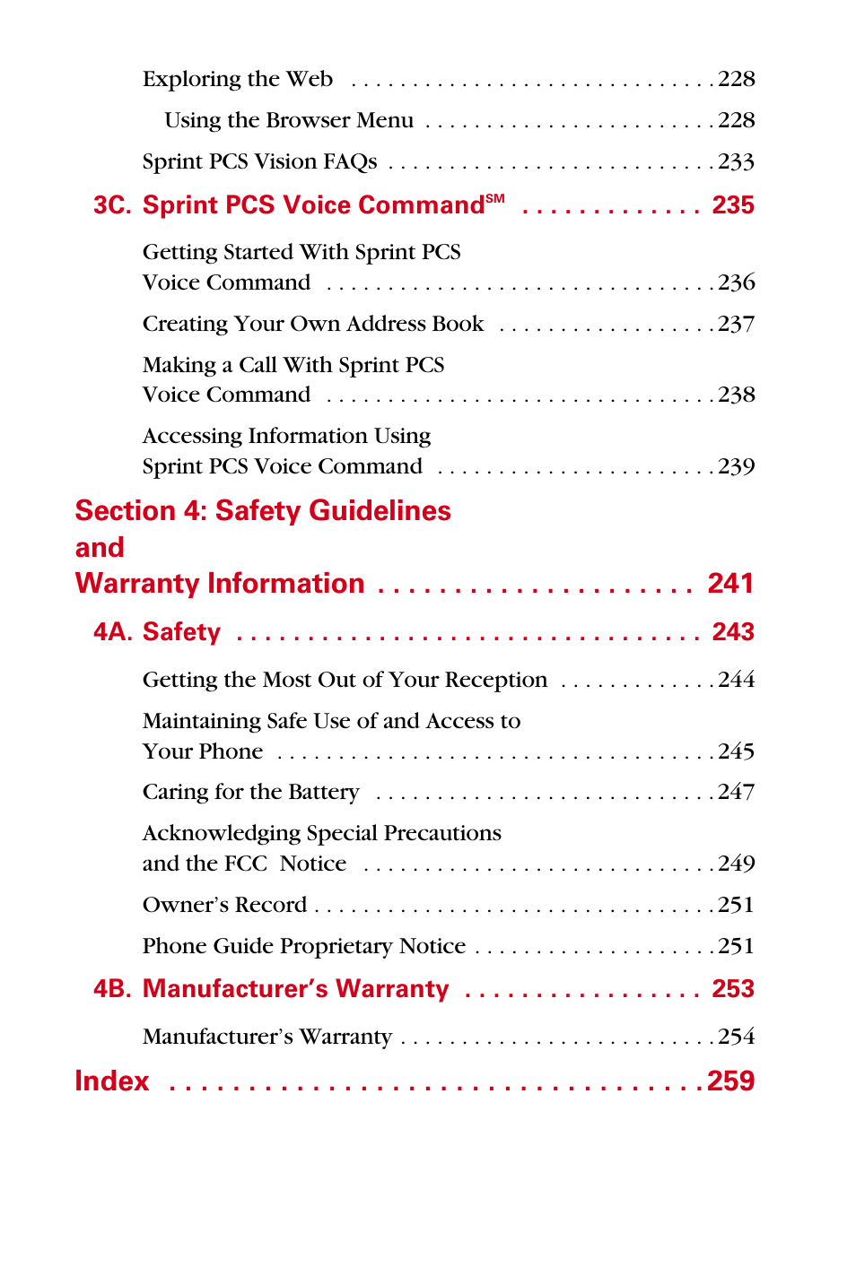 3c. sprint pcs voice commandsm 235, 4a. safety 243, 4b. manufacturer’s warranty 253 | Index | Samsung A840 User Manual | Page 10 / 273