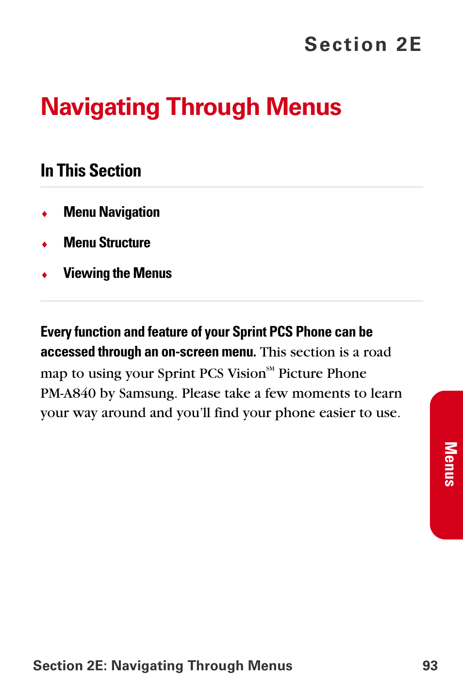 Navigating through menus, 2e. navigating through menus | Samsung A840 User Manual | Page 105 / 273