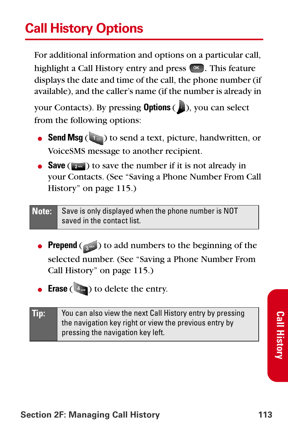 Call history options | Samsung A840 User Manual | Page 125 / 273