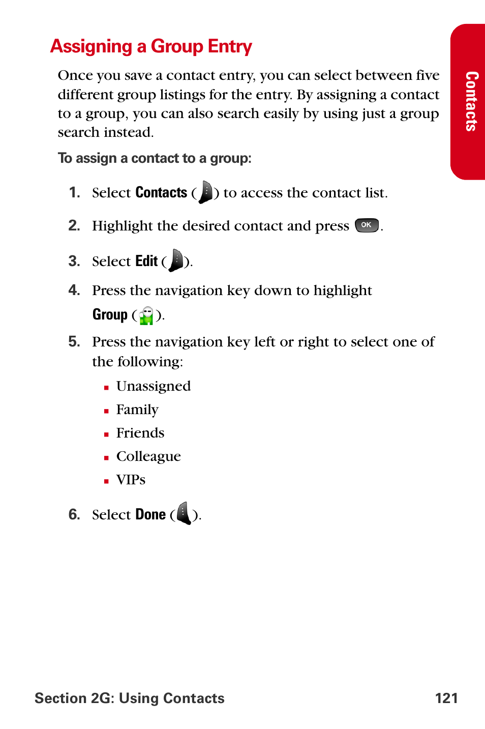 Assigning a group entry, Cont act s | Samsung A840 User Manual | Page 133 / 273