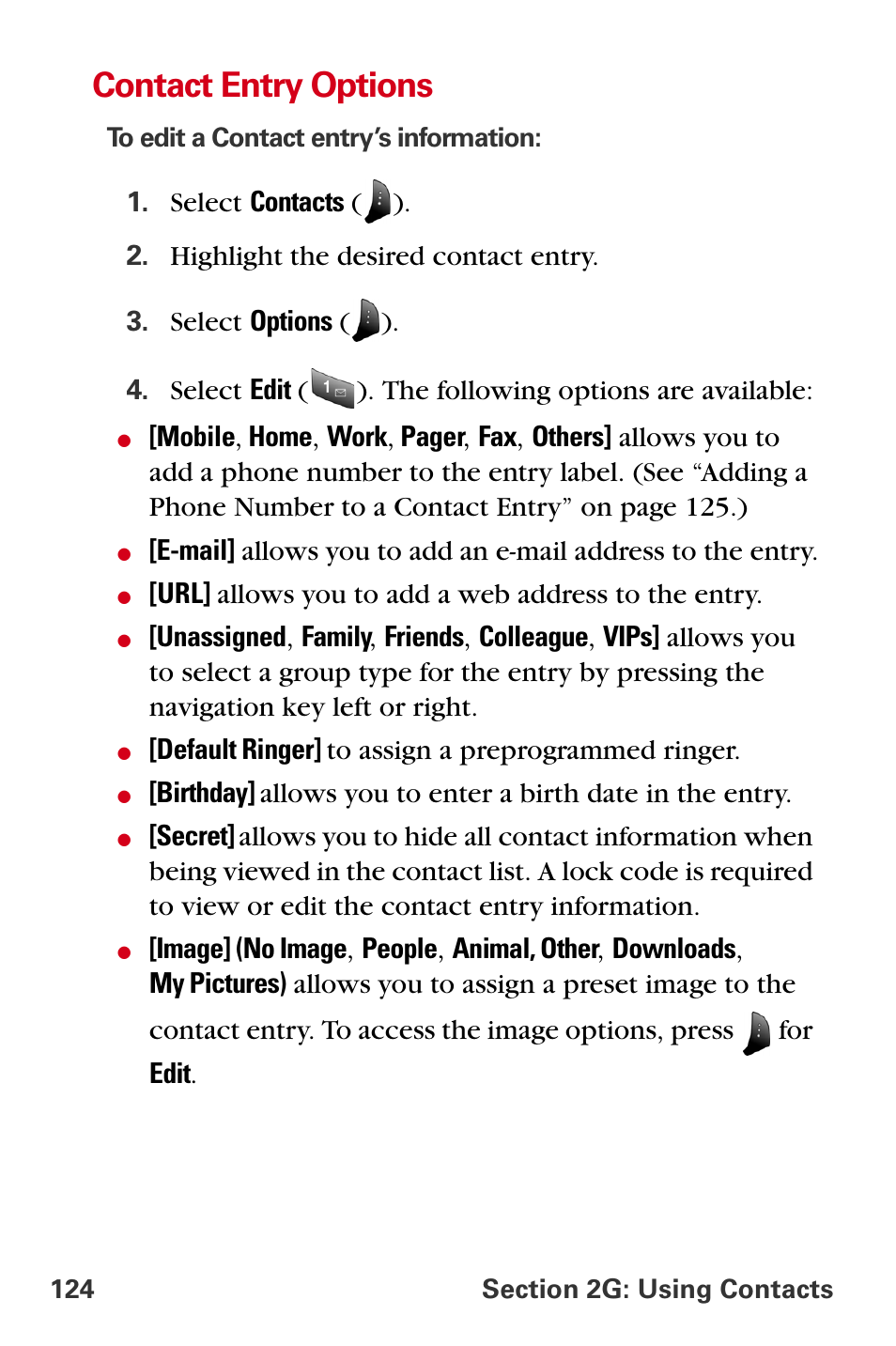 Contact entry options | Samsung A840 User Manual | Page 136 / 273