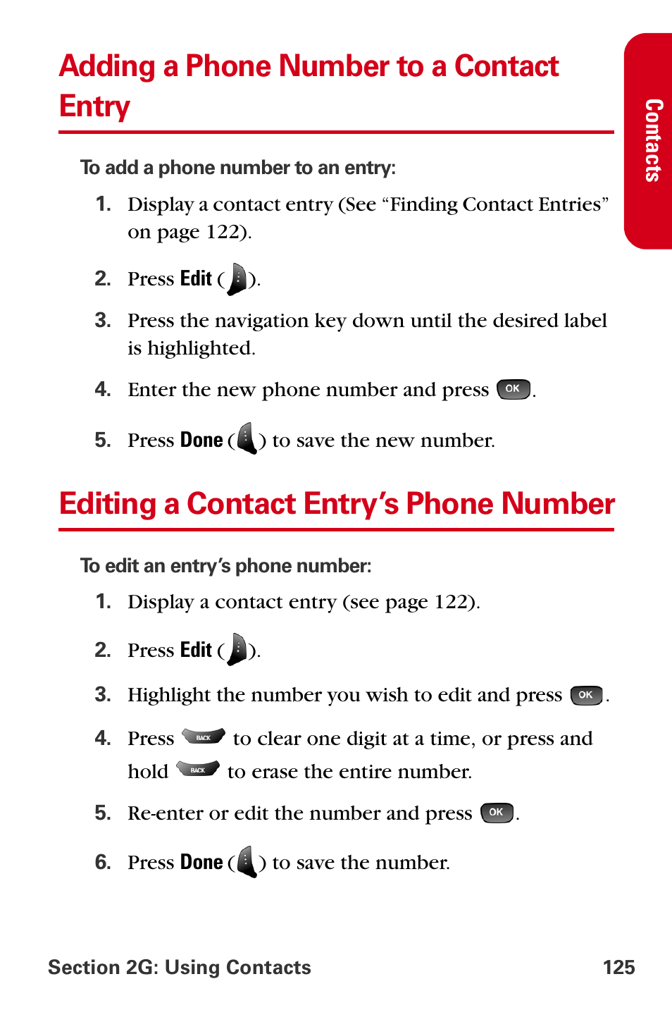 Adding a phone number to a contact entry, Editing a contact entry’s phone number | Samsung A840 User Manual | Page 137 / 273