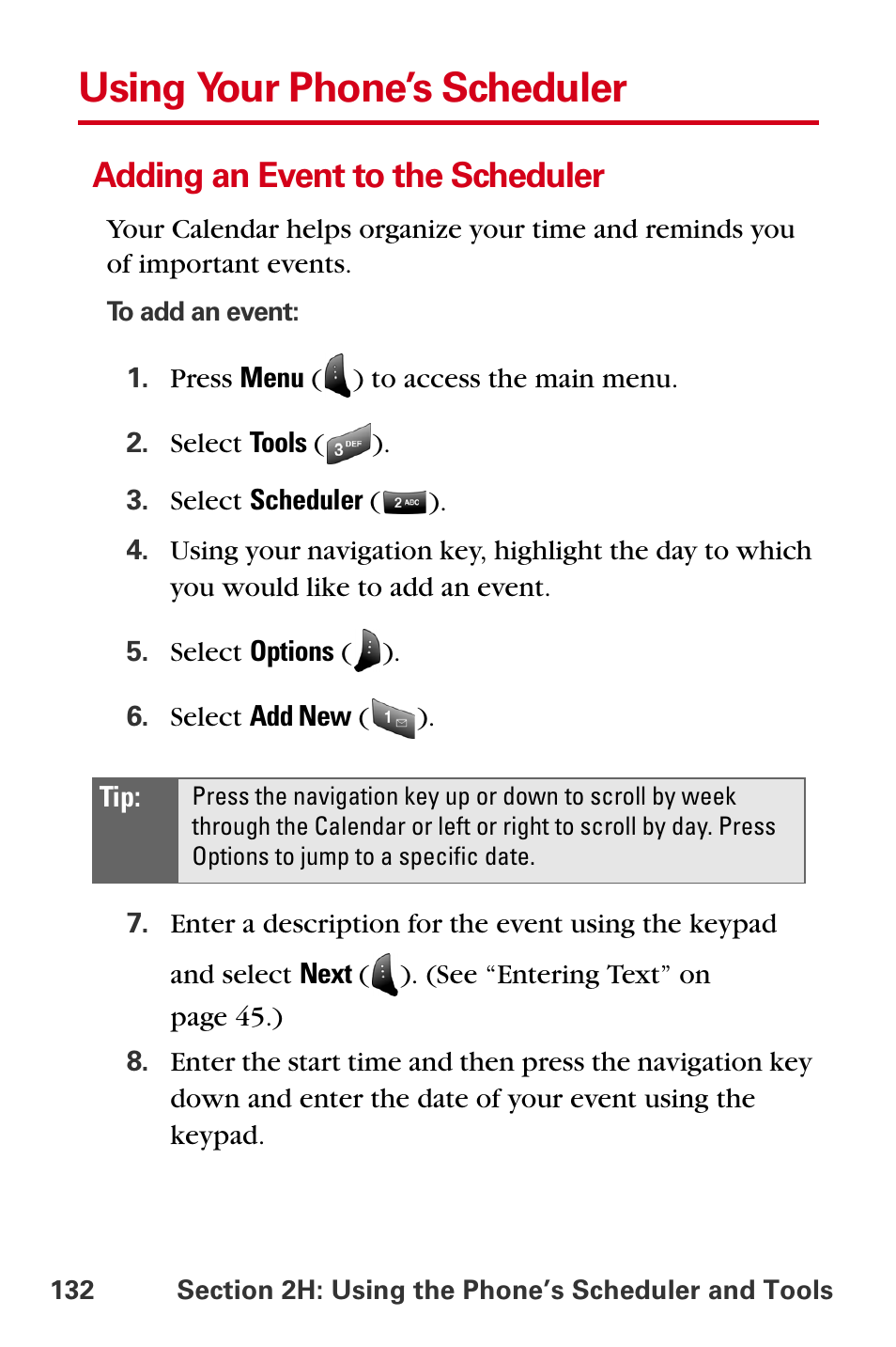 Using your phone’s scheduler, Adding an event to the scheduler | Samsung A840 User Manual | Page 144 / 273