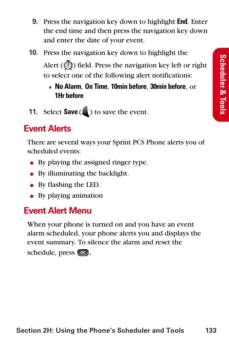 Event alerts, Event alert menu, Sche dule r & t o ols | Samsung A840 User Manual | Page 145 / 273