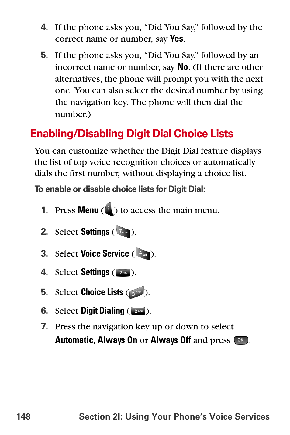 Enabling/disabling digit dial choice lists | Samsung A840 User Manual | Page 160 / 273