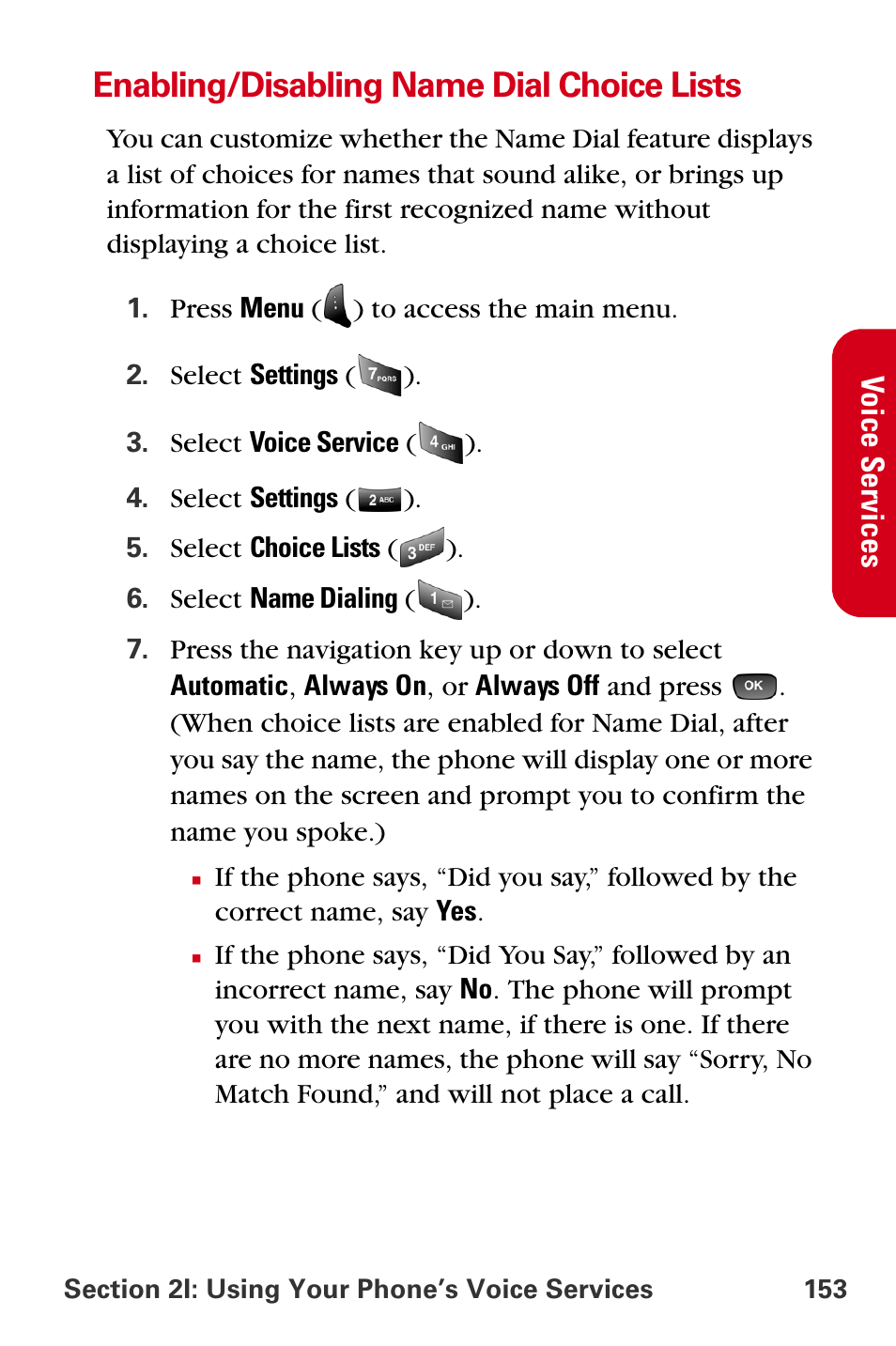 Enabling/disabling name dial choice lists | Samsung A840 User Manual | Page 165 / 273