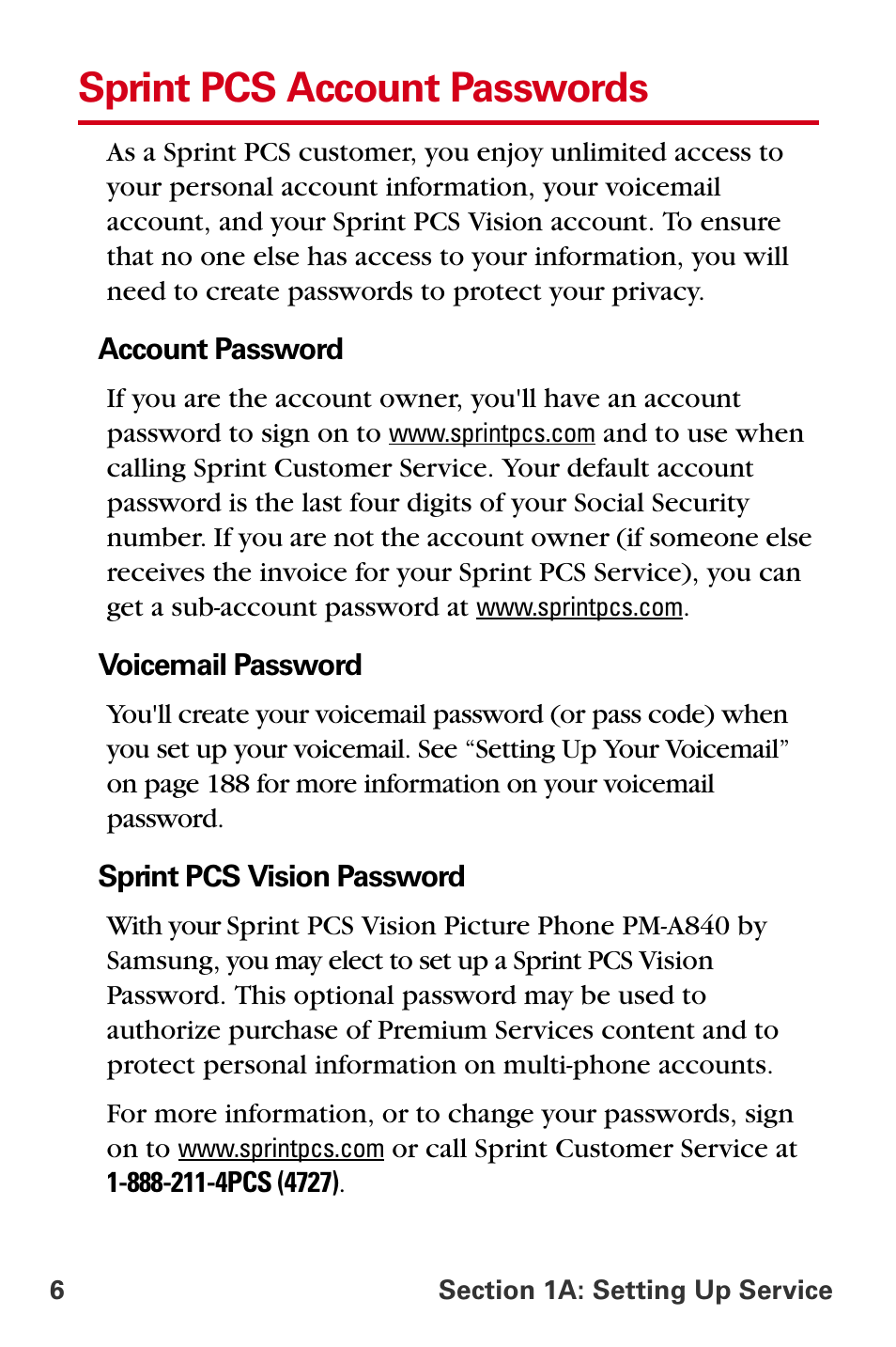 Sprint pcs account passwords | Samsung A840 User Manual | Page 18 / 273