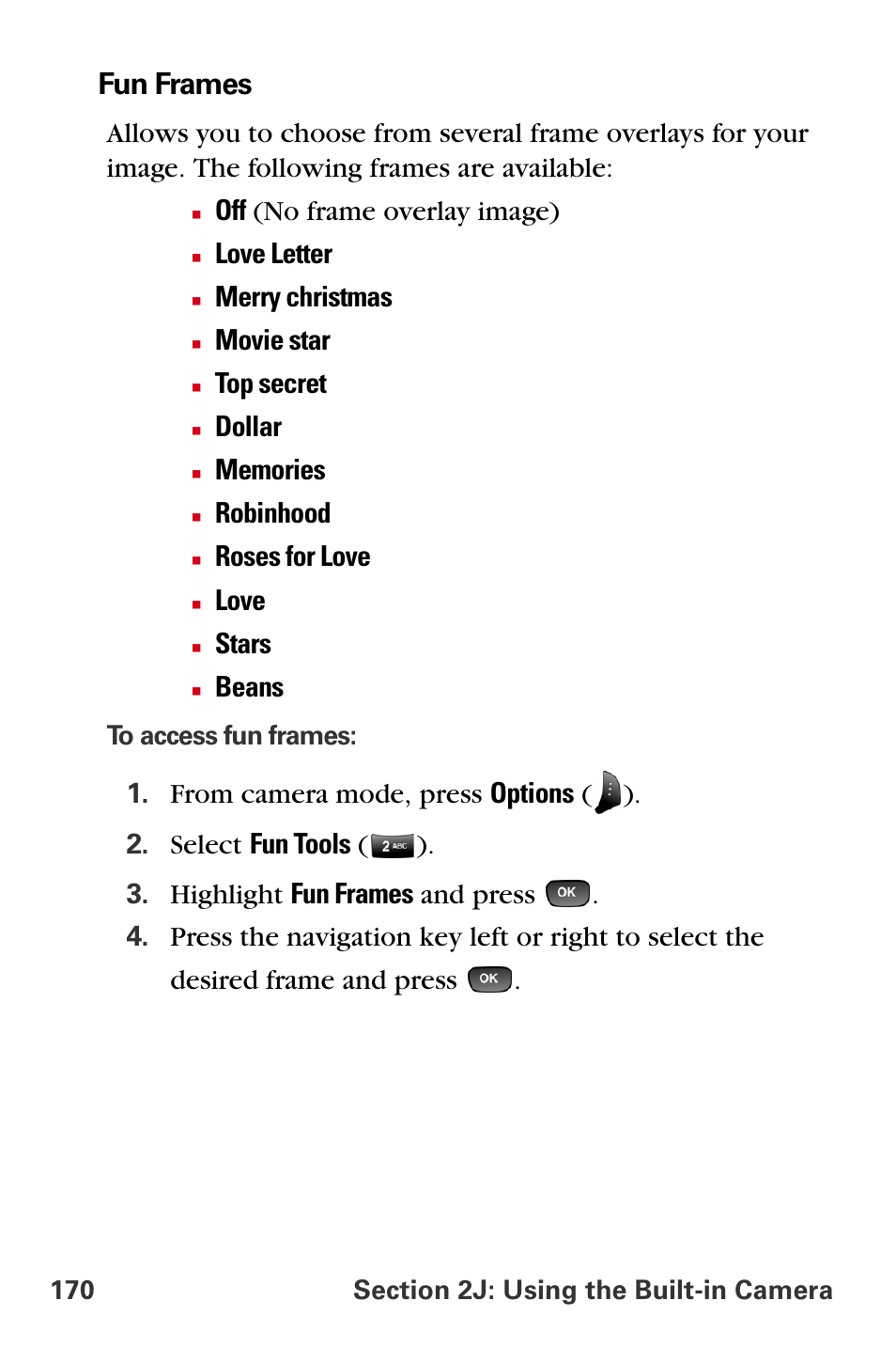 Fun frames, Off (no frame overlay image), Love letter | Merry christmas, Movie star, Top secret, Dollar, Robinhood, Roses for love, Love | Samsung A840 User Manual | Page 182 / 273