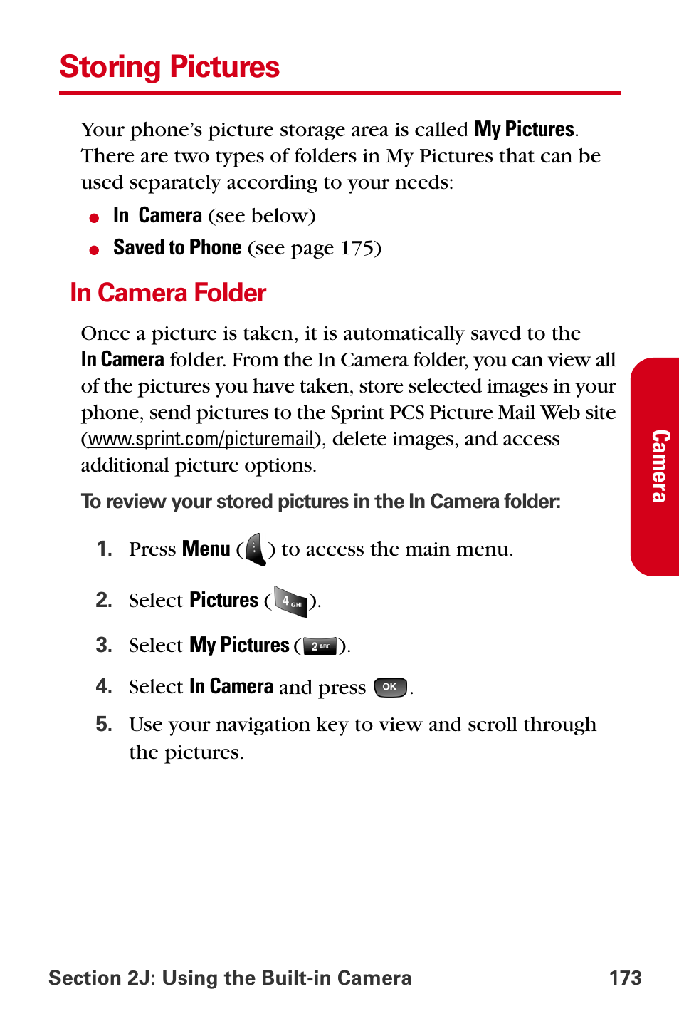 Storing pictures, In camera folder | Samsung A840 User Manual | Page 185 / 273