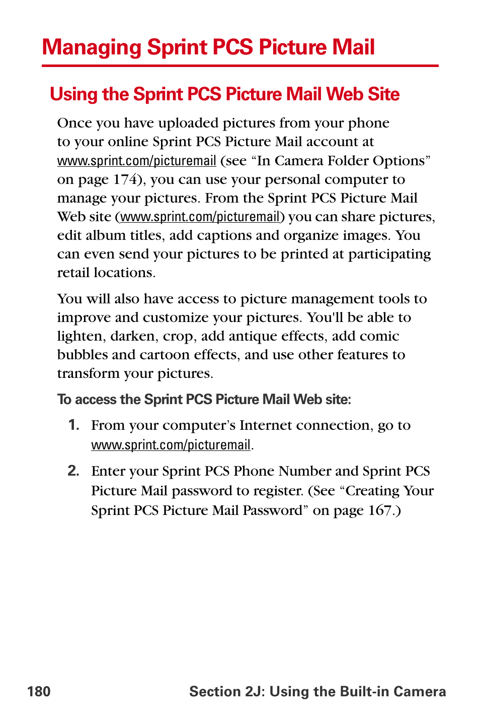 Managing sprint pcs picture mail, Using the sprint pcs picture mail web site | Samsung A840 User Manual | Page 192 / 273