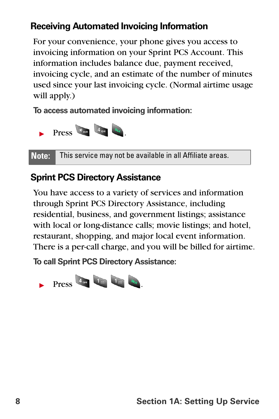 Receiving automated invoicing information, Sprint pcs directory assistance | Samsung A840 User Manual | Page 20 / 273