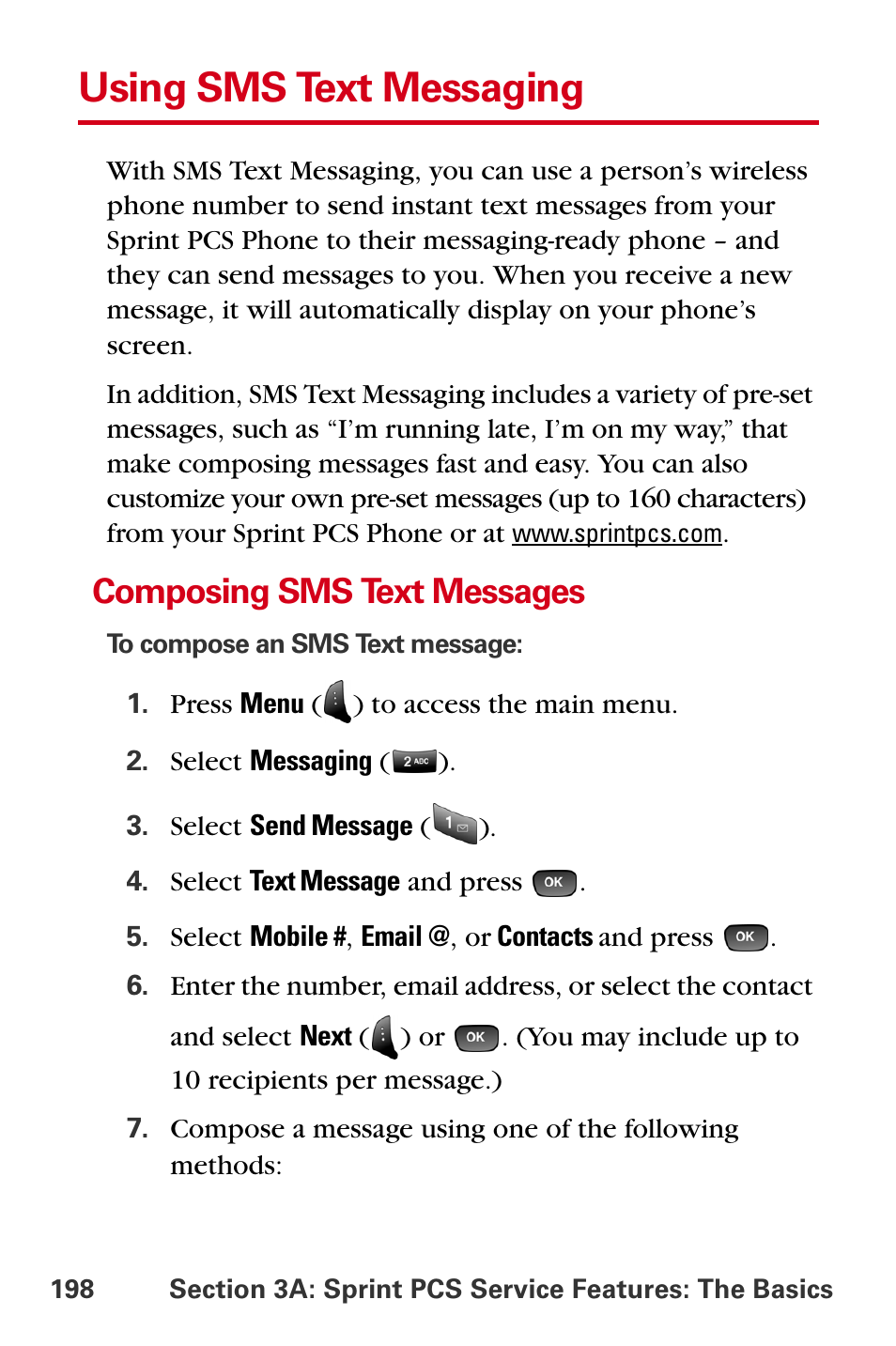 Using sms text messaging, Composing sms text messages | Samsung A840 User Manual | Page 210 / 273