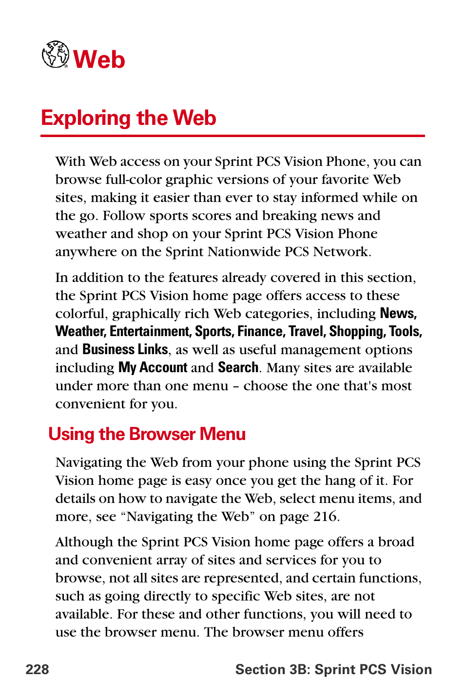 Exploring the web, Using the browser menu | Samsung A840 User Manual | Page 240 / 273