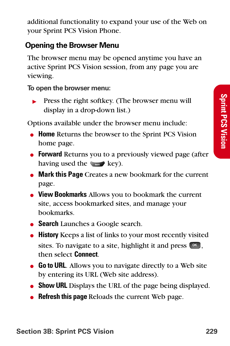 Sprint pc s v ision, Opening the browser menu, Search launches a google search | Refresh this page reloads the current web page | Samsung A840 User Manual | Page 241 / 273