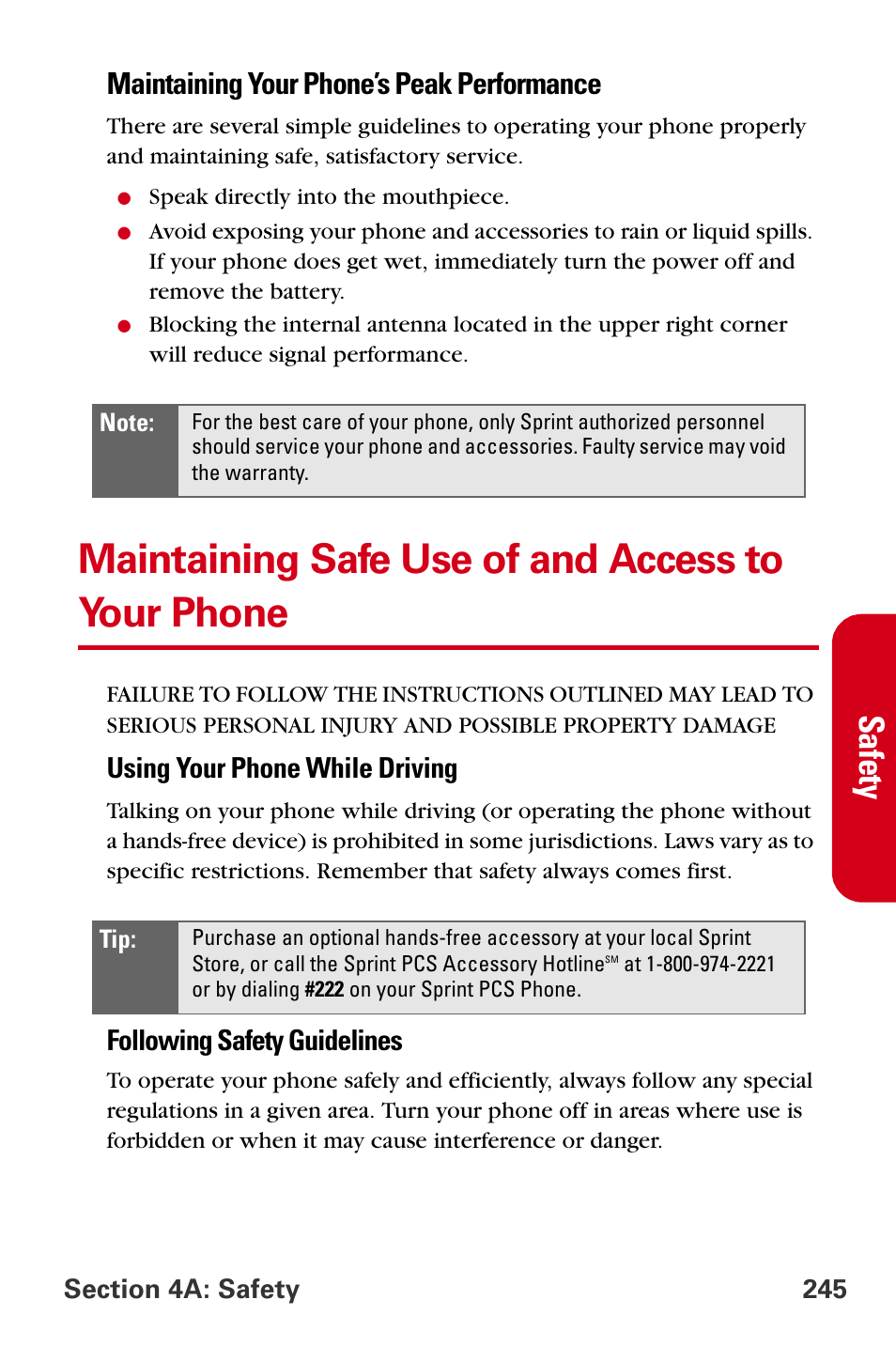 Maintaining safe use of and access to your phone, Safety, Maintaining your phone’s peak performance | Using your phone while driving, Following safety guidelines | Samsung A840 User Manual | Page 257 / 273