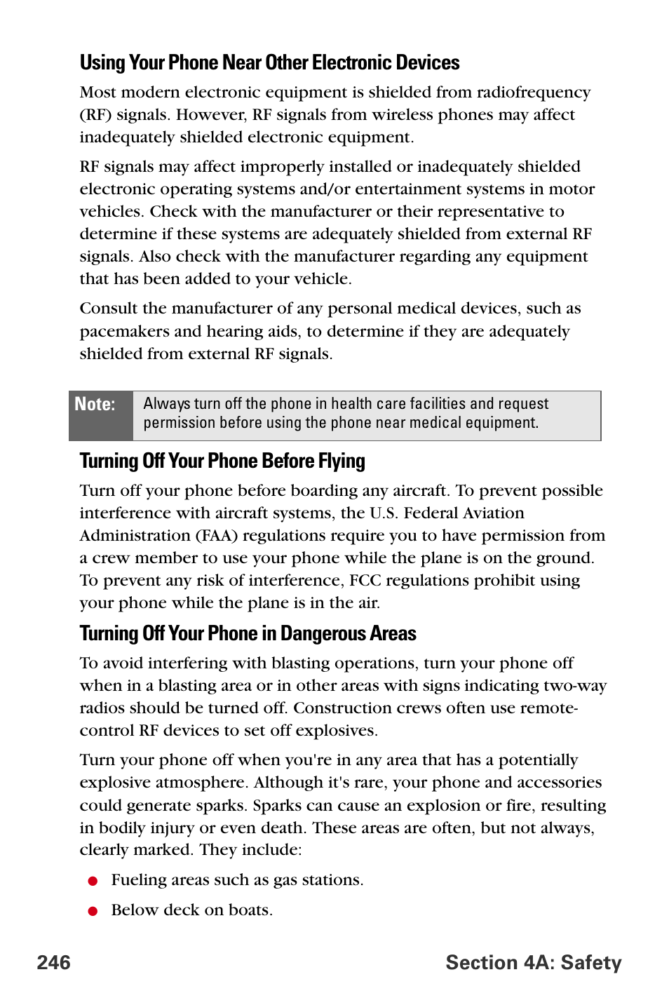 Using your phone near other electronic devices, Turning off your phone before flying, Turning off your phone in dangerous areas | Samsung A840 User Manual | Page 258 / 273