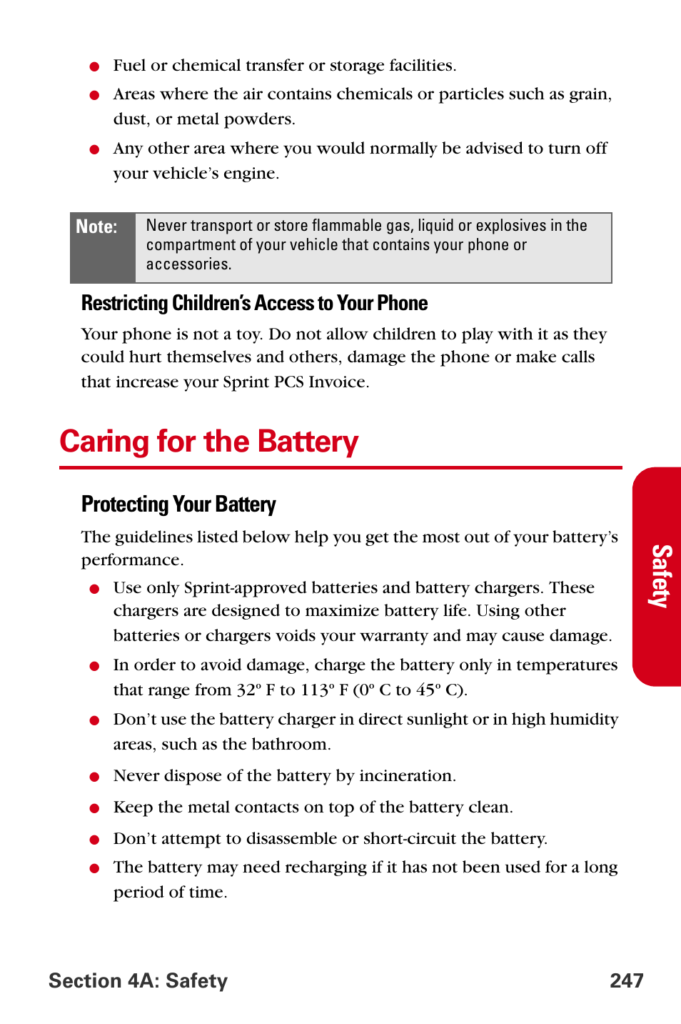 Caring for the battery, Safety, Protecting your battery | Restricting children’s access to your phone | Samsung A840 User Manual | Page 259 / 273