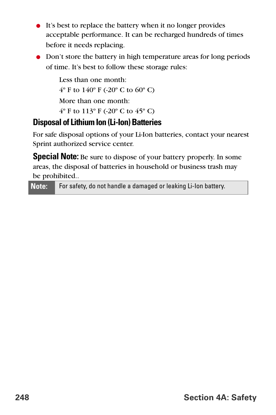 Disposal of lithium ion (li-ion) batteries | Samsung A840 User Manual | Page 260 / 273