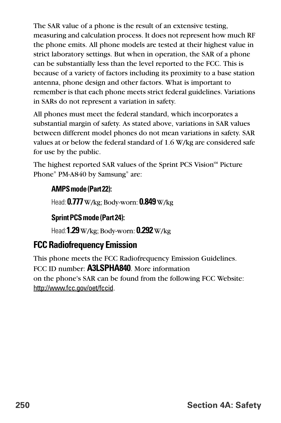 Fcc radiofrequency emission, A3lspha840 | Samsung A840 User Manual | Page 262 / 273