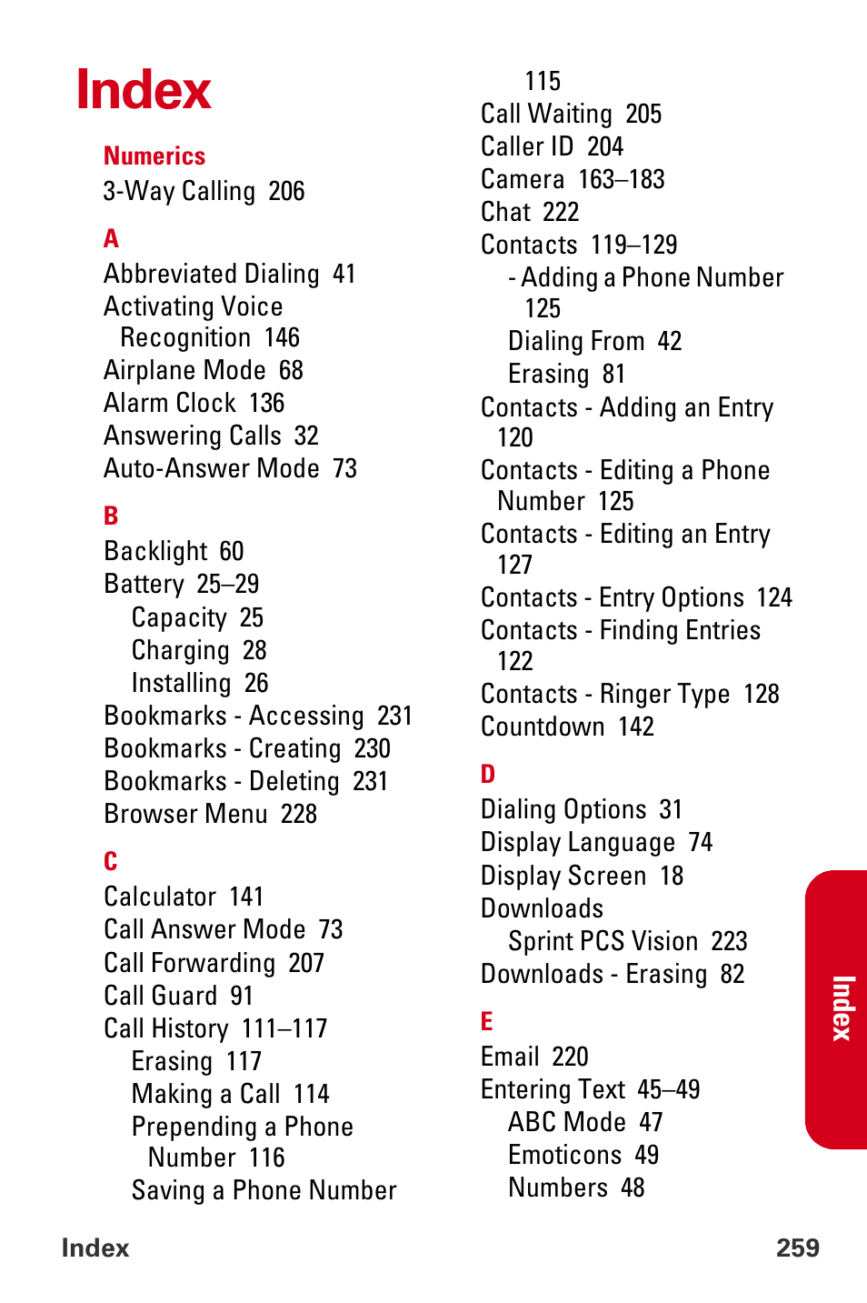 Index | Samsung A840 User Manual | Page 271 / 273