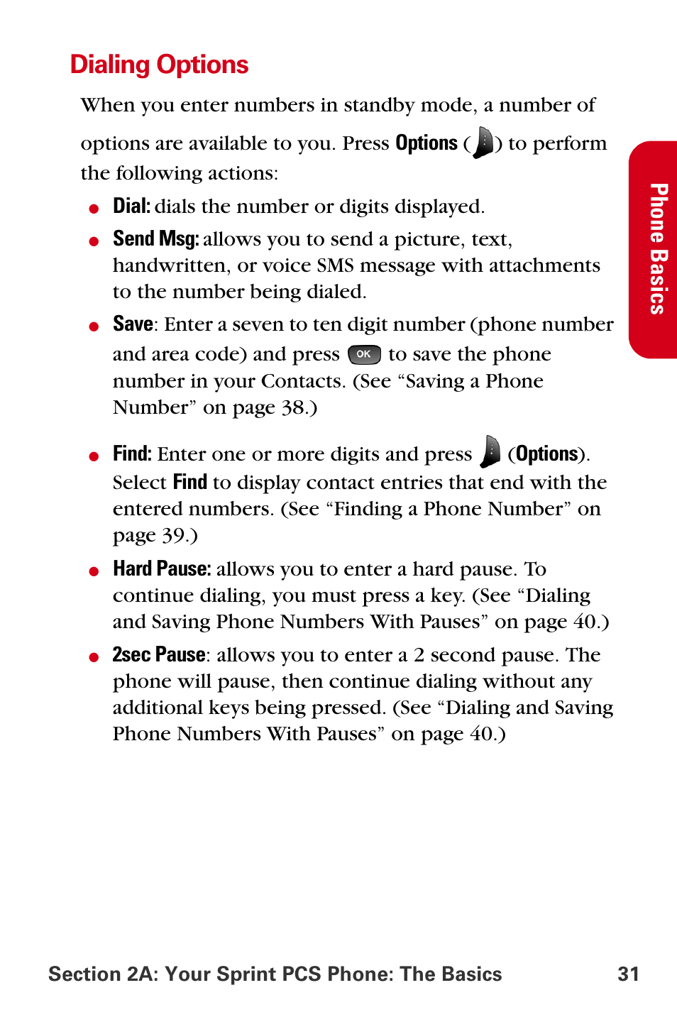 Dialing options, Phone ba sics | Samsung A840 User Manual | Page 43 / 273