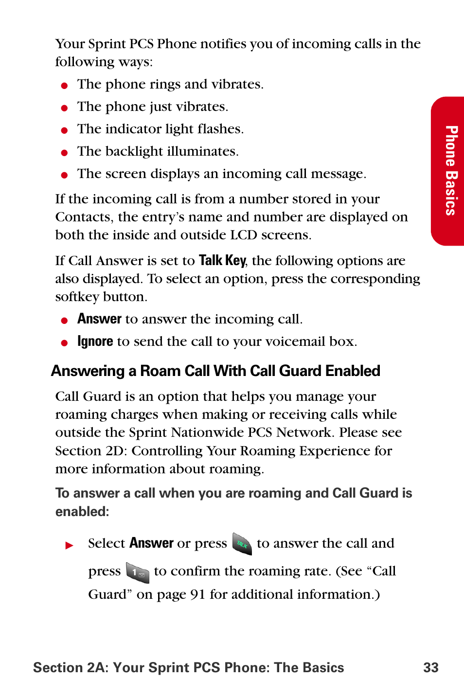 Phone ba sics, Answering a roam call with call guard enabled, The phone rings and vibrates | The phone just vibrates, The indicator light flashes, The backlight illuminates, Answer to answer the incoming call, Ignore to send the call to your voicemail box | Samsung A840 User Manual | Page 45 / 273