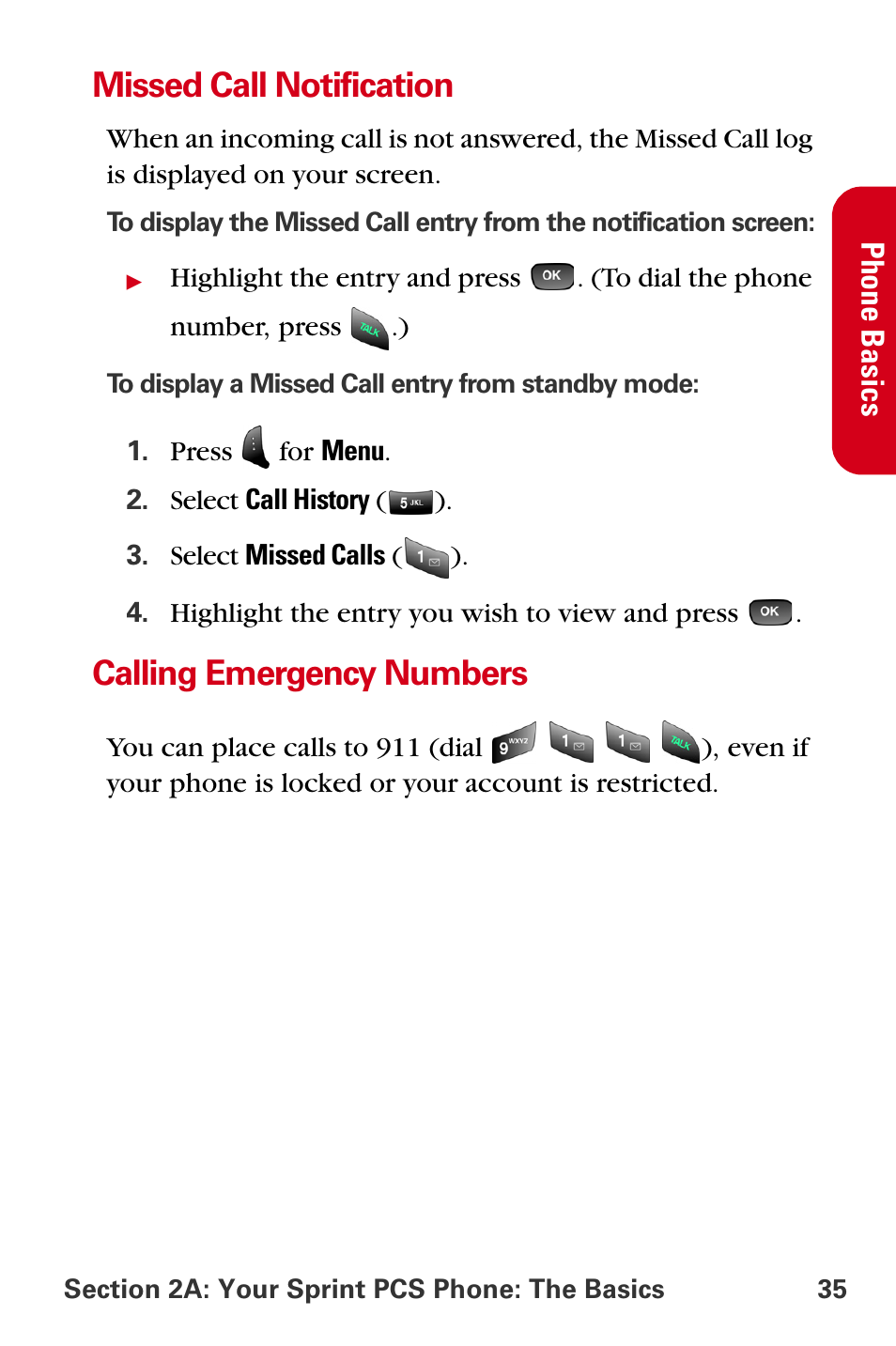 Missed call notification, Calling emergency numbers | Samsung A840 User Manual | Page 47 / 273