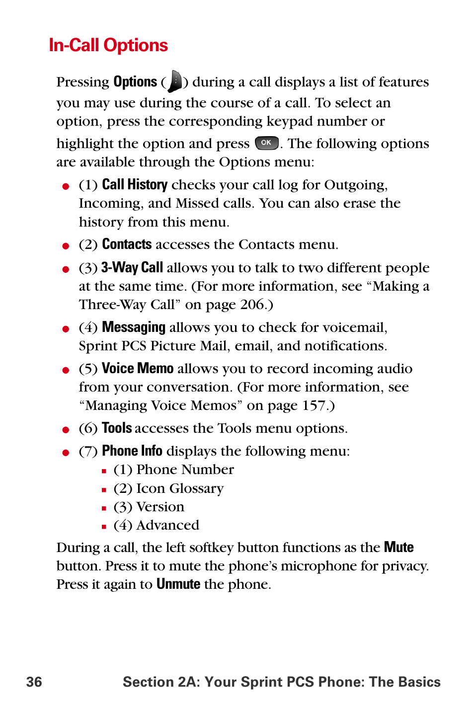 In-call options, 2) contacts accesses the contacts menu, 6) tools accesses the tools menu options | 7) phone info displays the following menu, 1) phone number, 2) icon glossary, 3) version | Samsung A840 User Manual | Page 48 / 273