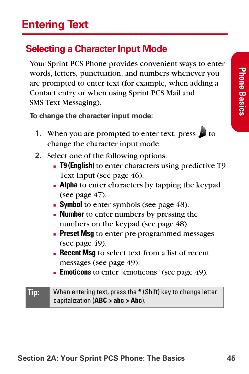 Entering text, Selecting a character input mode, Phone ba sics | Samsung A840 User Manual | Page 57 / 273