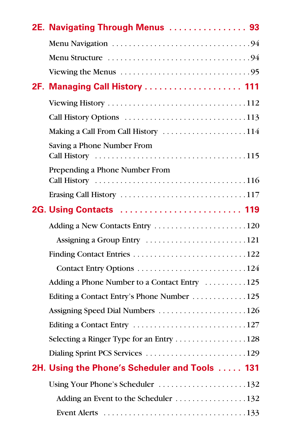 2e. navigating through menus 93, 2f. managing call history 111, 2g. using contacts 119 | 2h. using the phone’s scheduler and tools 131 | Samsung A840 User Manual | Page 6 / 273