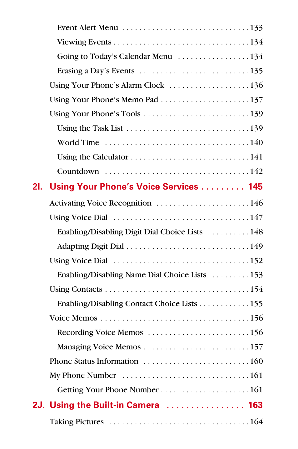 2i. using your phone’s voice services 145, 2j. using the built-in camera 163 | Samsung A840 User Manual | Page 7 / 273