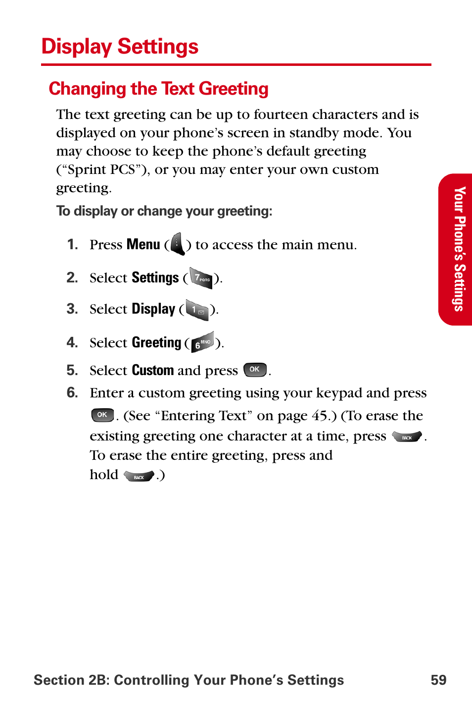 Display settings, Changing the text greeting | Samsung A840 User Manual | Page 71 / 273