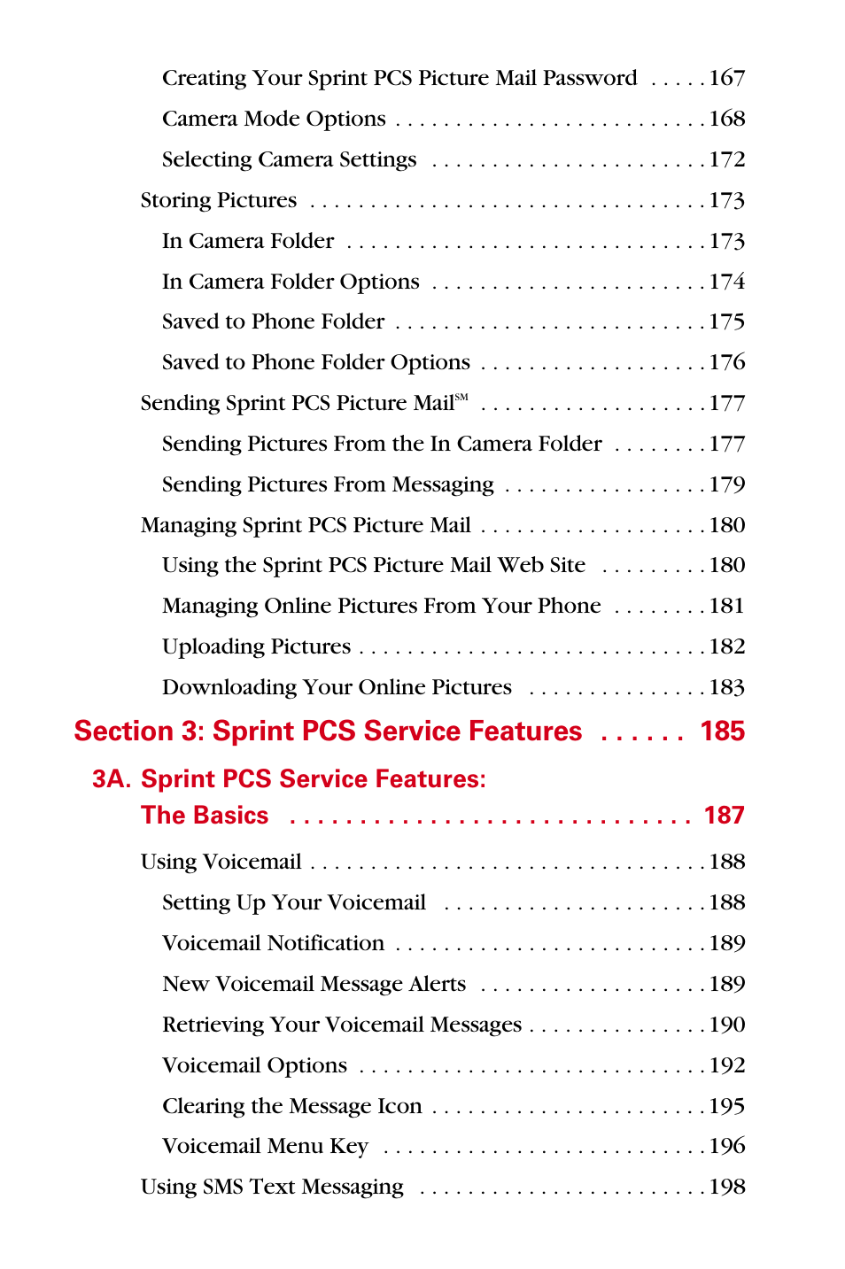 Section 3: sprint pcs service features 185, 3a. sprint pcs service features: the basics 187 | Samsung A840 User Manual | Page 8 / 273