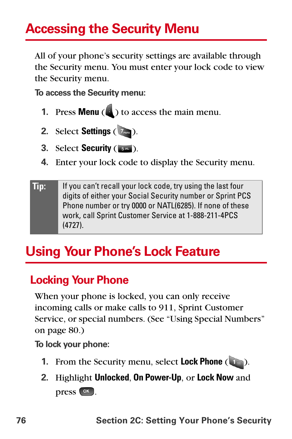 Accessing the security menu, Using your phone’s lock feature, Locking your phone | Samsung A840 User Manual | Page 88 / 273